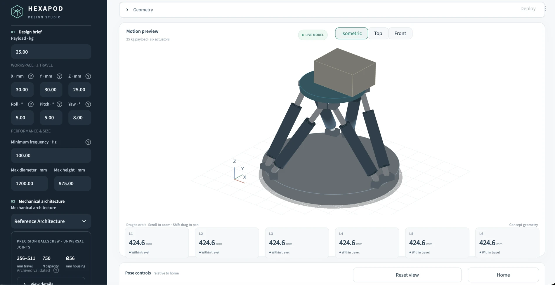 Hexapod Design Studio with configurable payload, travel, rotation, frequency, and size requirements alongside an interactive six-leg motion preview.