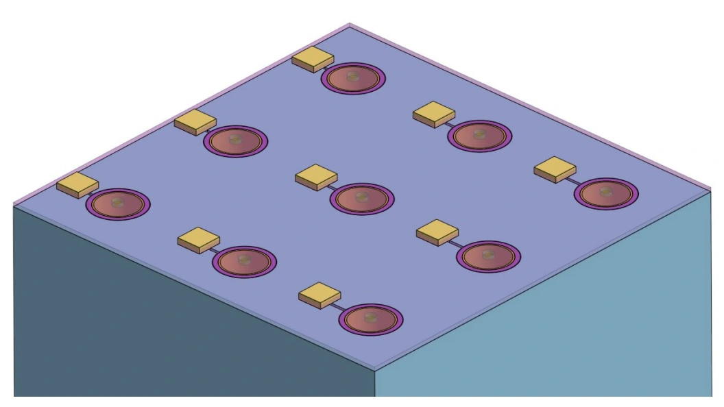CAD concept of a cavity-based MEMS Faraday-cup array.