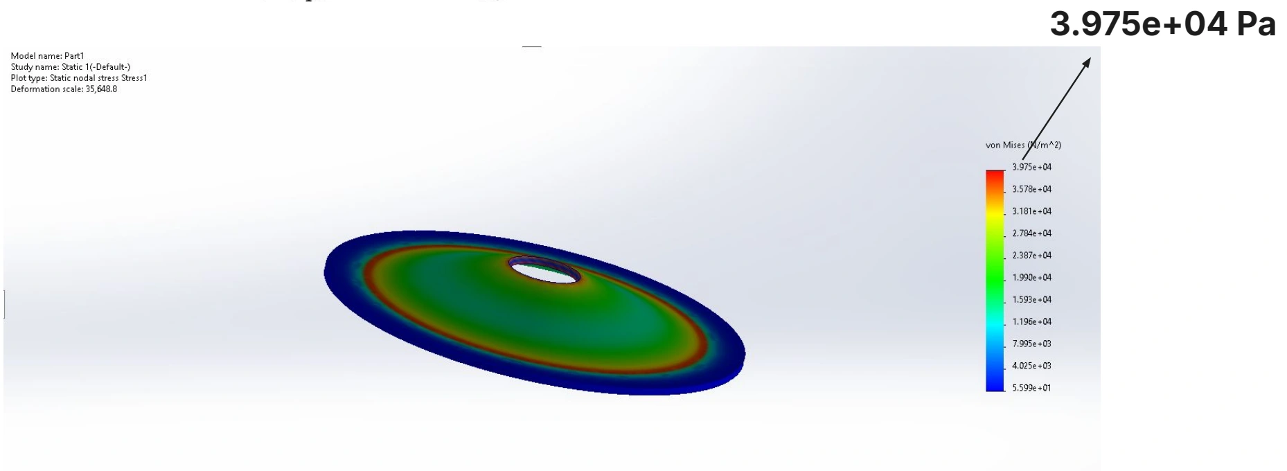 Preliminary aperture-plate FEA showing a peak von Mises stress of 3.975e4 Pa under the assumed photoresist loading.