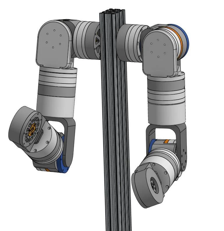CAD of the six-axis robotic arm with modular joints.