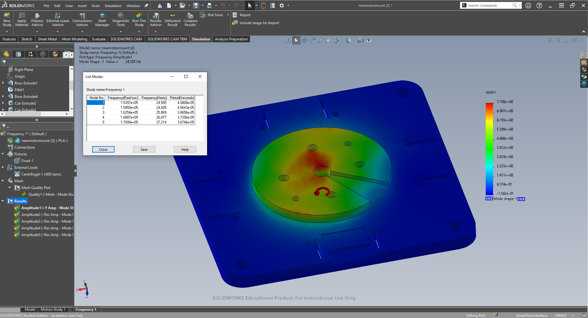 SolidWorks motor-plate modal analysis showing a predicted first mode of 24,505 Hz under the model constraints.