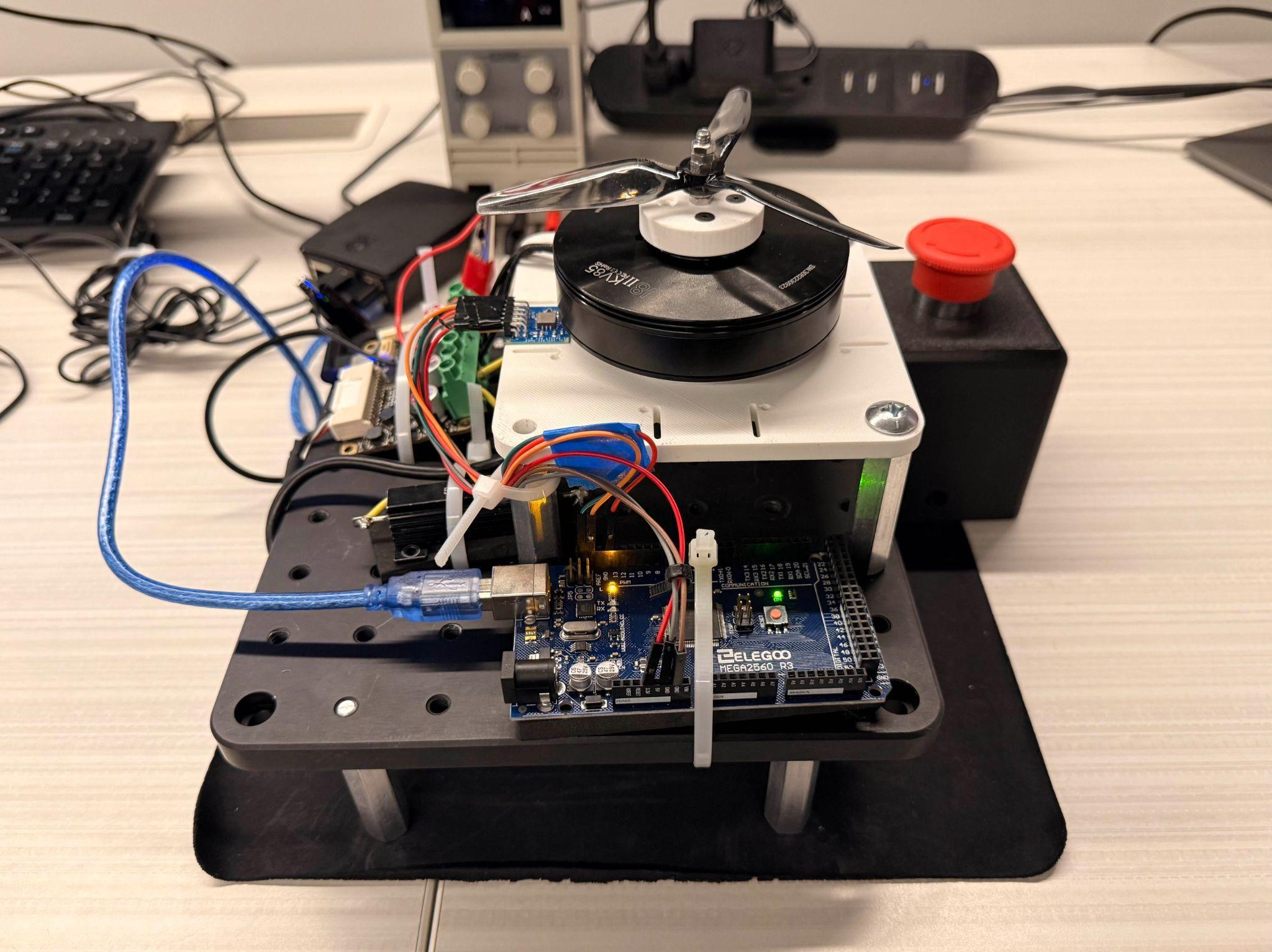 Physical prototype with motor, propeller, and integrated electronics.
