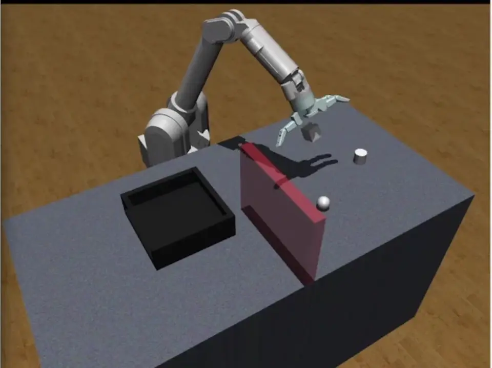 Simulated seven-axis WAM arm, objects, bin, and obstacle.